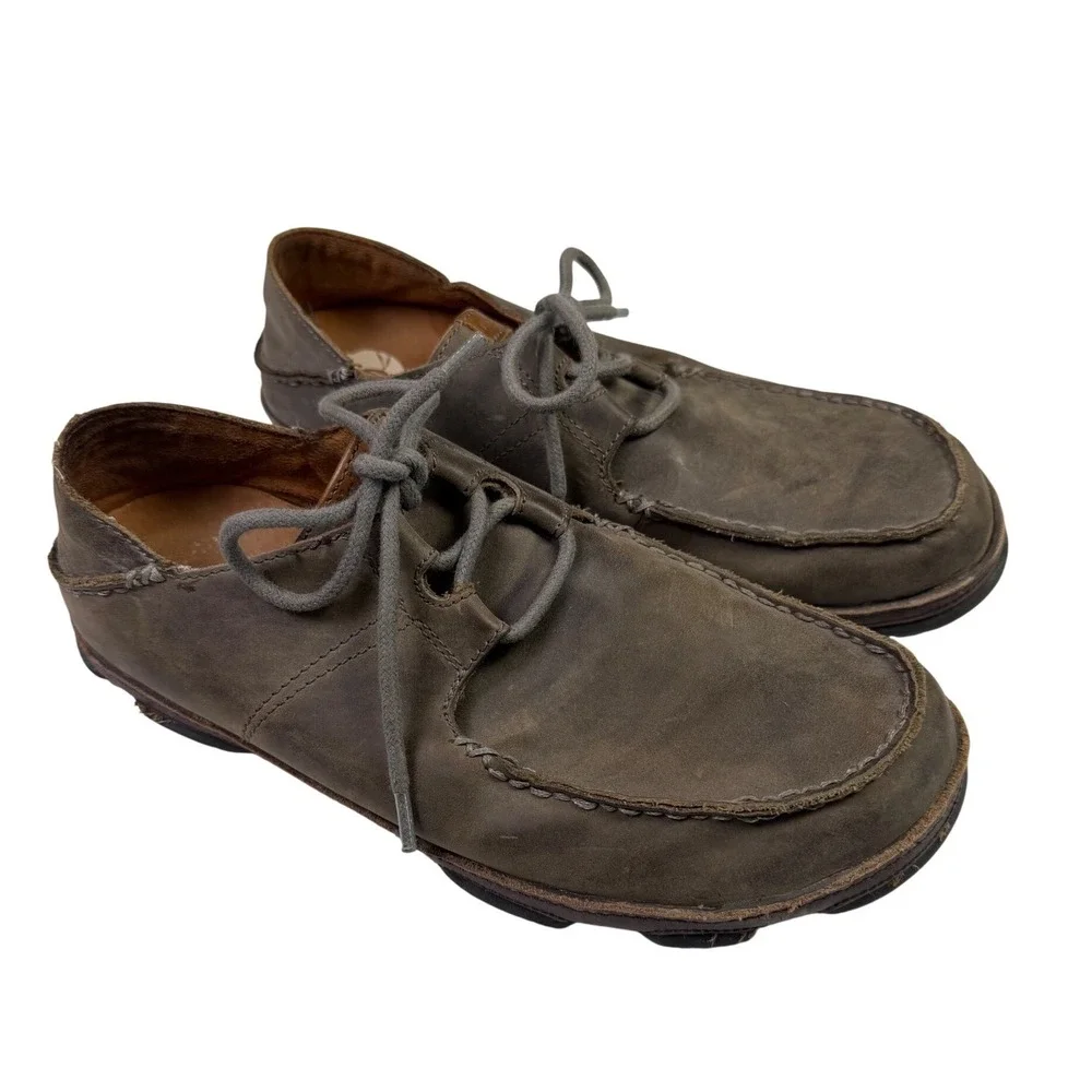 Olukai Ohana Lace Up‎ Nubuck Leather Moc Toe Shoes Mens 9 Grey Brown 10171-4T63